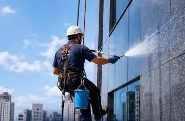 Profissional em altura lavando a fachada de vidro de um edifício (imagem ilustrativa)